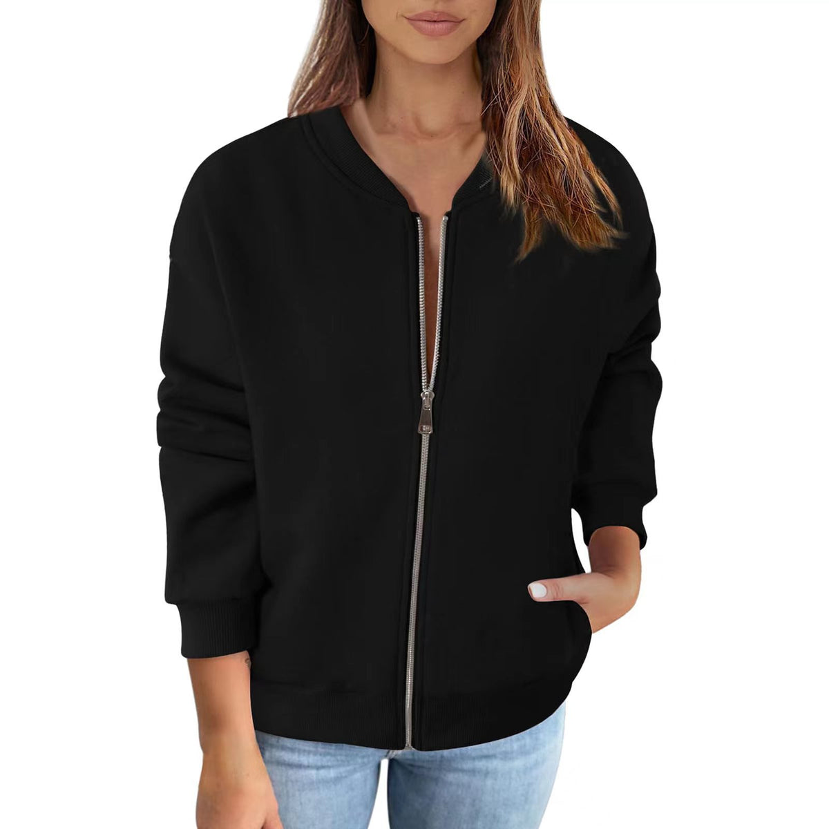 Women's Fashion Solid Color Zipper Jacket Coat