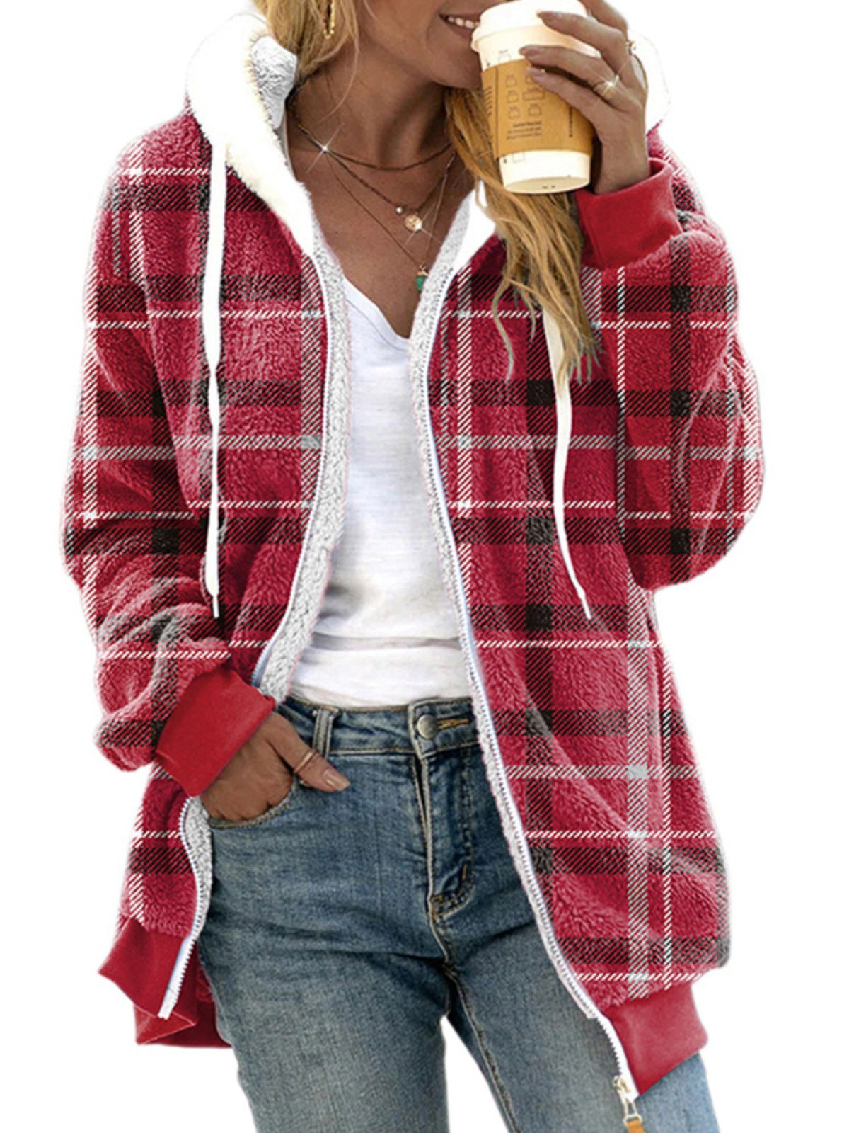 Women's Plush Lined Plaid Hooded Coat