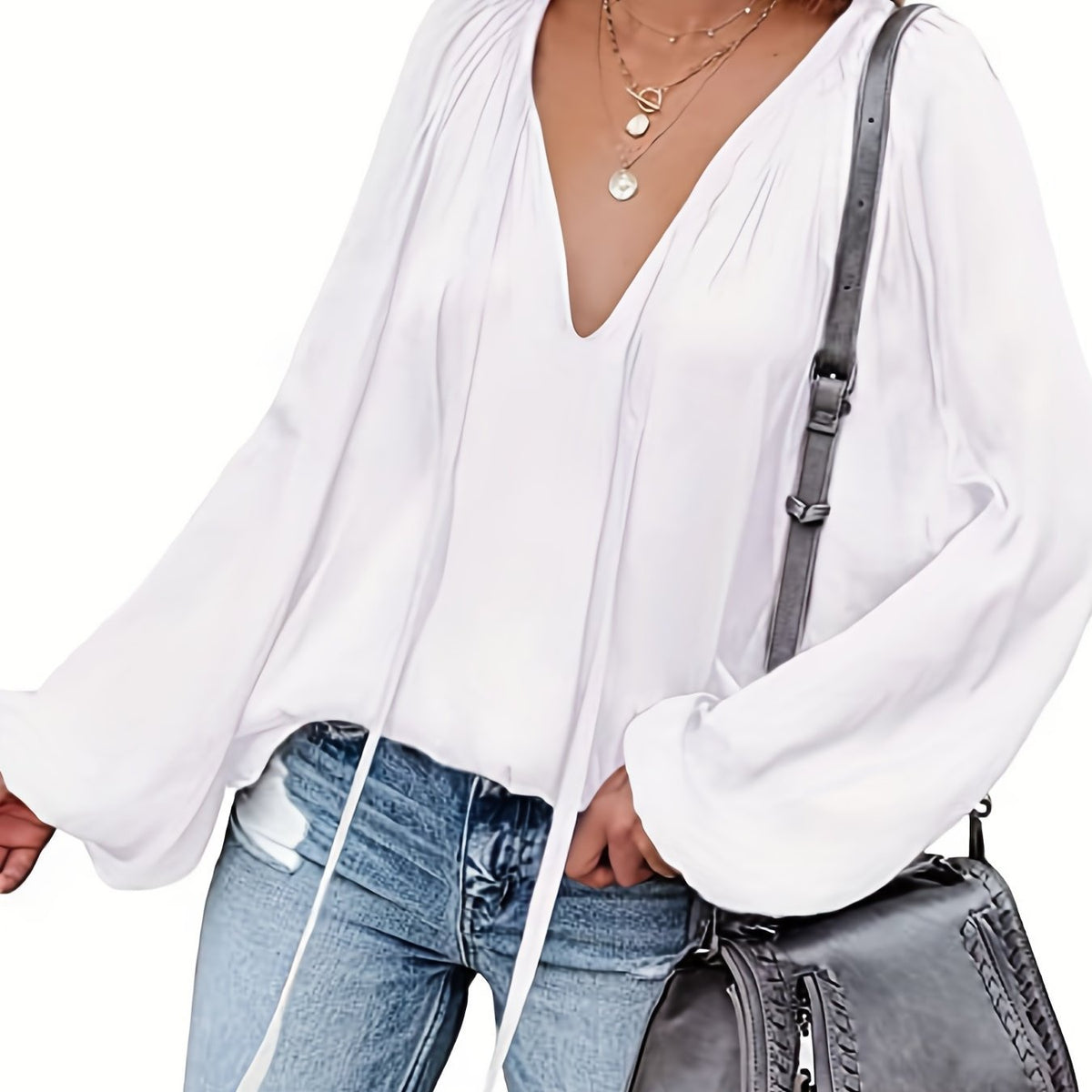 Women's Satin V-neck Long Sleeve Shirt Leisure Bloomers