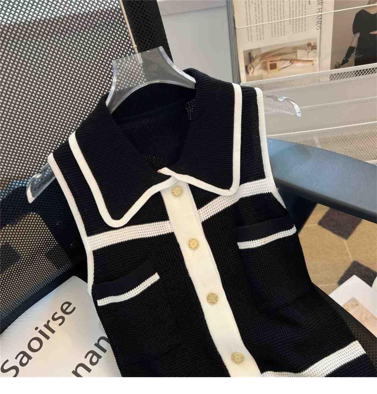 Classic Style Chic Contrast Color Lapels Sleeveless Knitwear