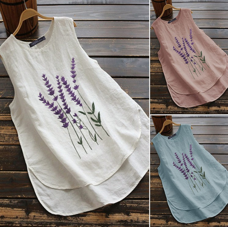 Summer Embroidered Sleeveless Crew Neck Casual Vest Women's Cotton And Linen Top