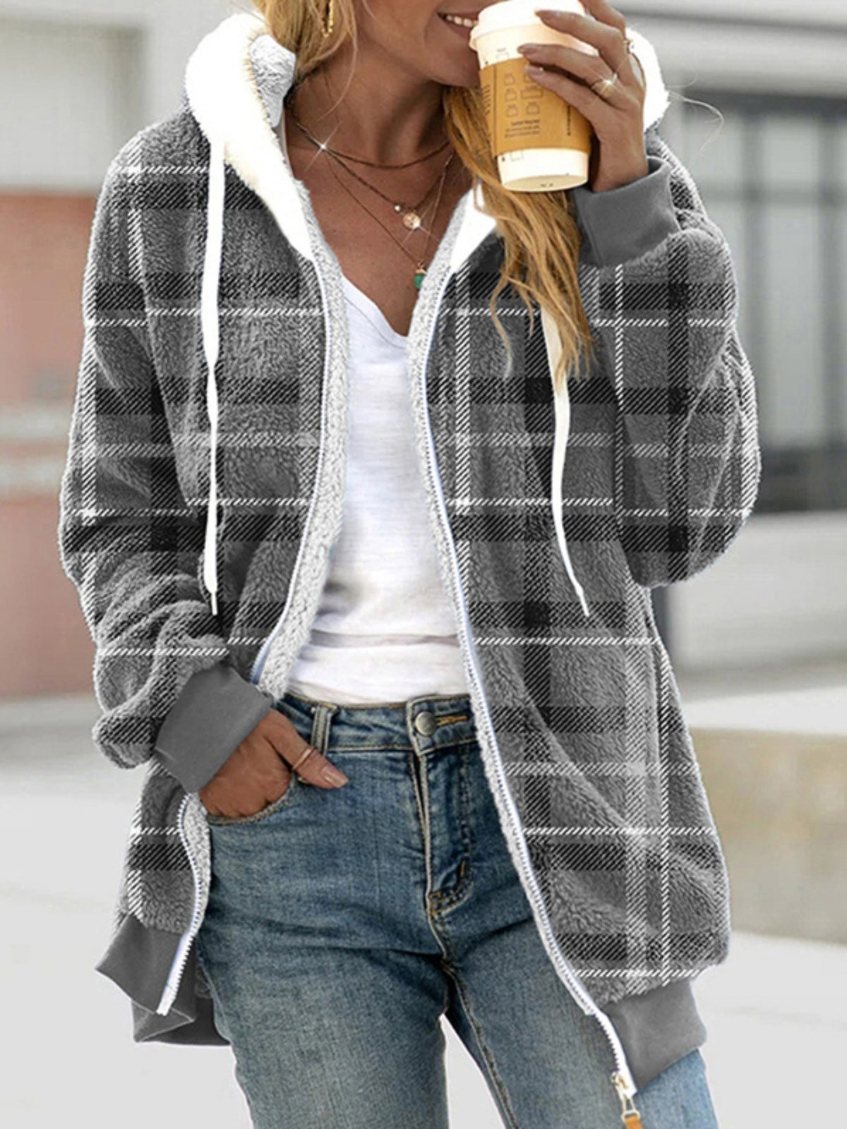 Women's Plush Lined Plaid Hooded Coat