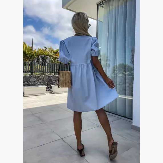 Summer Fashion New Lace-up Bow Puff Sleeve Short Sleeve Dress