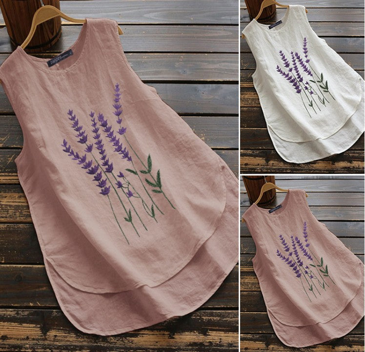Summer Embroidered Sleeveless Crew Neck Casual Vest Women's Cotton And Linen Top