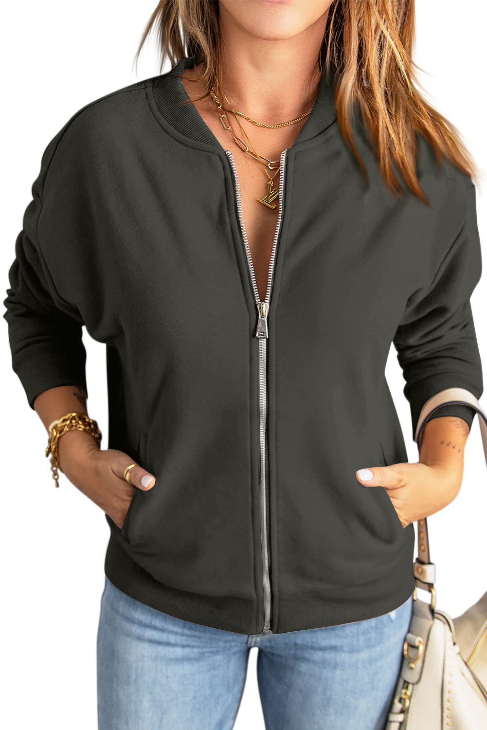 Women's Fashion Solid Color Zipper Jacket Coat