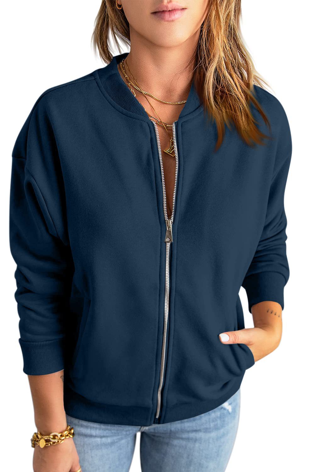 Women's Fashion Solid Color Zipper Jacket Coat