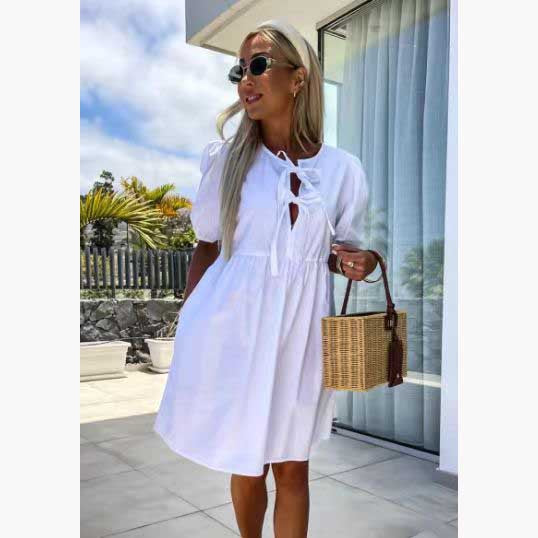 Summer Fashion New Lace-up Bow Puff Sleeve Short Sleeve Dress