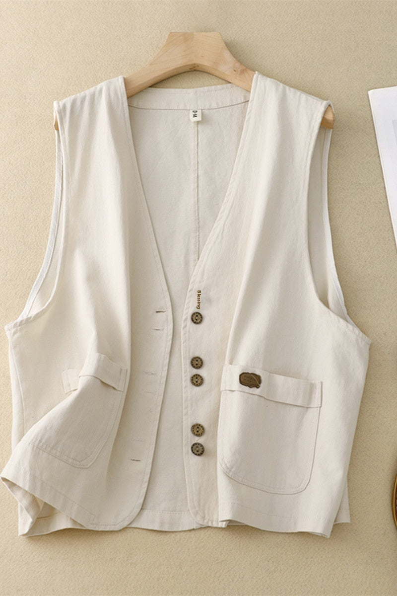 Women's Short Korean-style Retro Cotton And Linen Vest