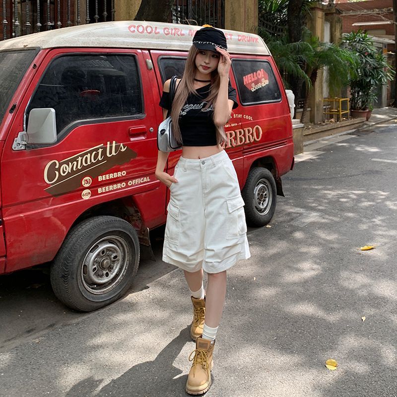 White Unifrom Five Points Wide-leg Denim Shorts