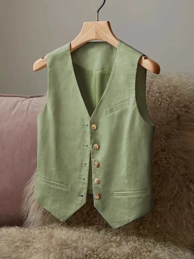 Ladies' Casual Elegant Waist Cinched Linen Jacket Vest