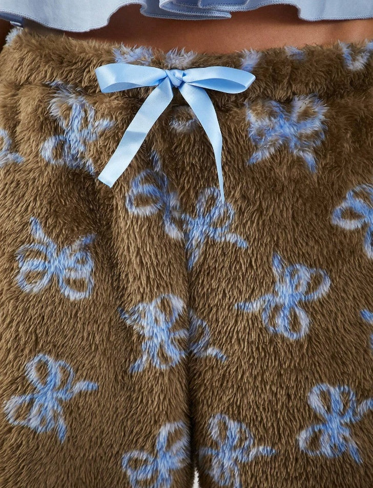 Blue Bow Patterned Wide Leg Pants