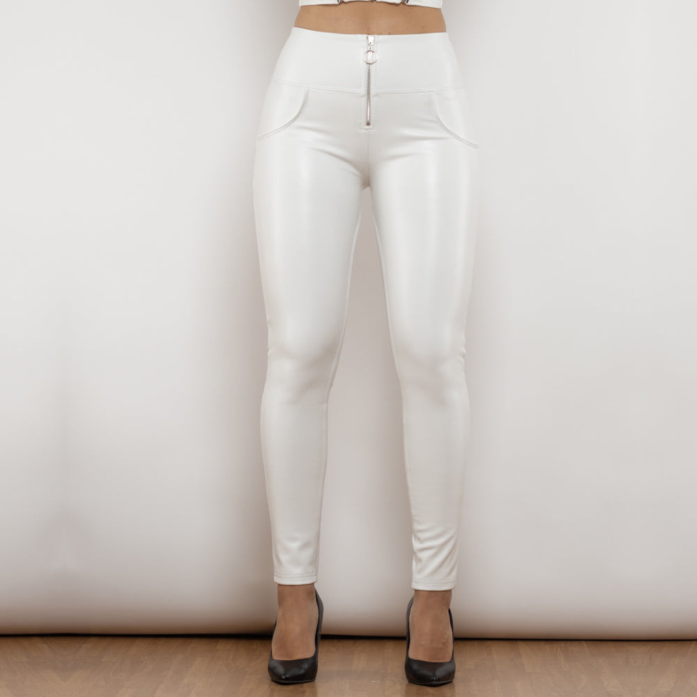 Shascullfites Melody High Waist White Leather Butt Lifting Pants Ladies Thermal Leggings With Zipper