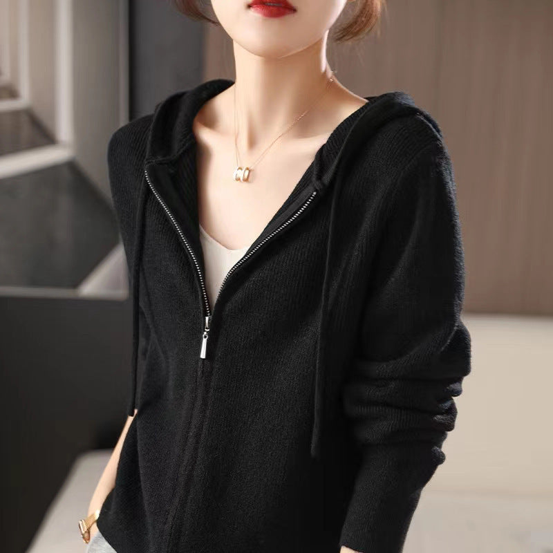 Double-headed Zipper Hooded Knit Women's Cardigan Coat