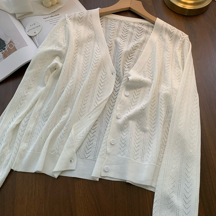 Thin Hollow V-neck Sweater White Long Sleeve