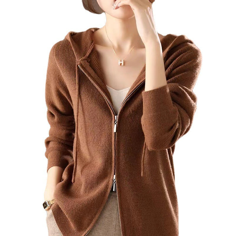Double-headed Zipper Hooded Knit Women's Cardigan Coat