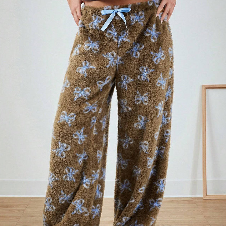 Blue Bow Patterned Wide Leg Pants