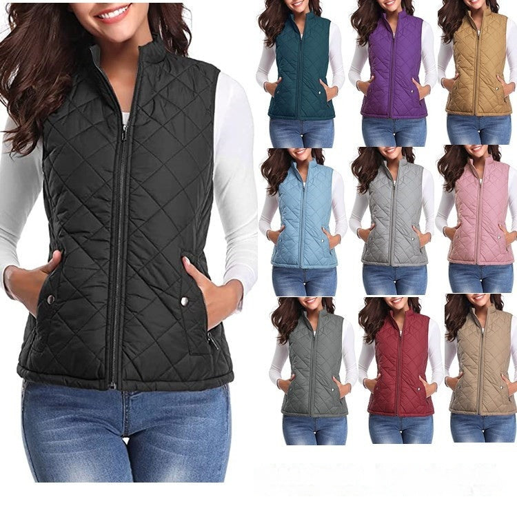 Women's Cotton Vest Stand Collar Zipper Pocket Warm
