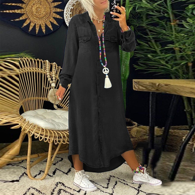 Explosive Denim Long Skirt New Shirt Collar Denim Casual Skirt Long Skirt