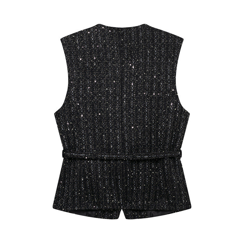 Spring New Casual Belt Vest Women's Clothing With Belt Texture Vest