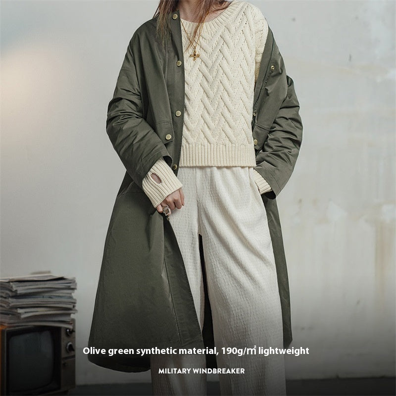 Retro Olive Green Loose Flip Pocket Trench Coat