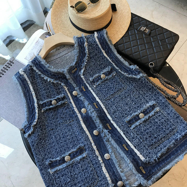 Fashion Hooked Flower Fleece Denim Vest Girl