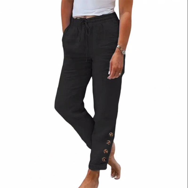 Autumn Solid Color Cotton Linen Straight Casual Button Trousers For Women