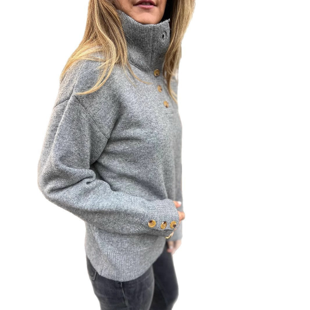 Stand Collar Buttons Casual Loose Sweater