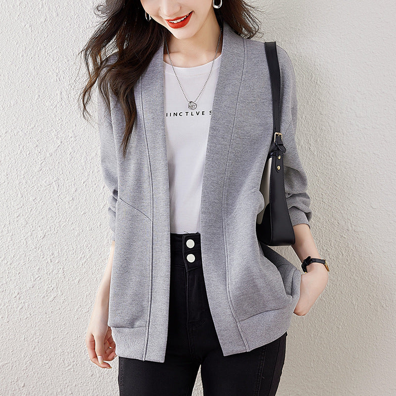 Lazy V-neck Sweatshirt Cardigan Women's Loose Casual Jacket All-matching Drop-shoulder Sleeve