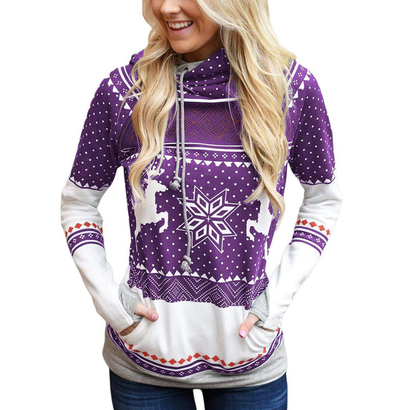 Long Sleeve Hooded Casual Sweater Women With Printed Pockets