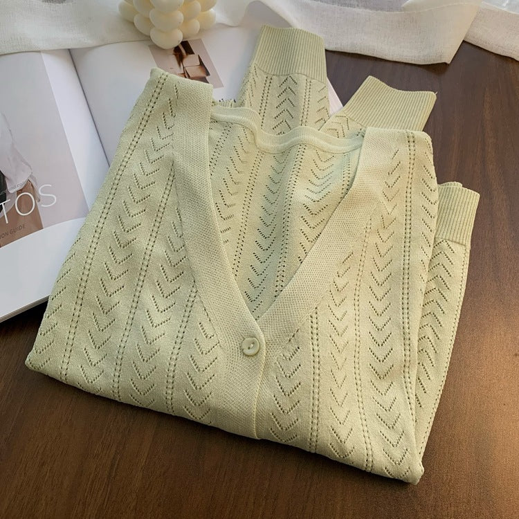 Thin Hollow V-neck Sweater White Long Sleeve