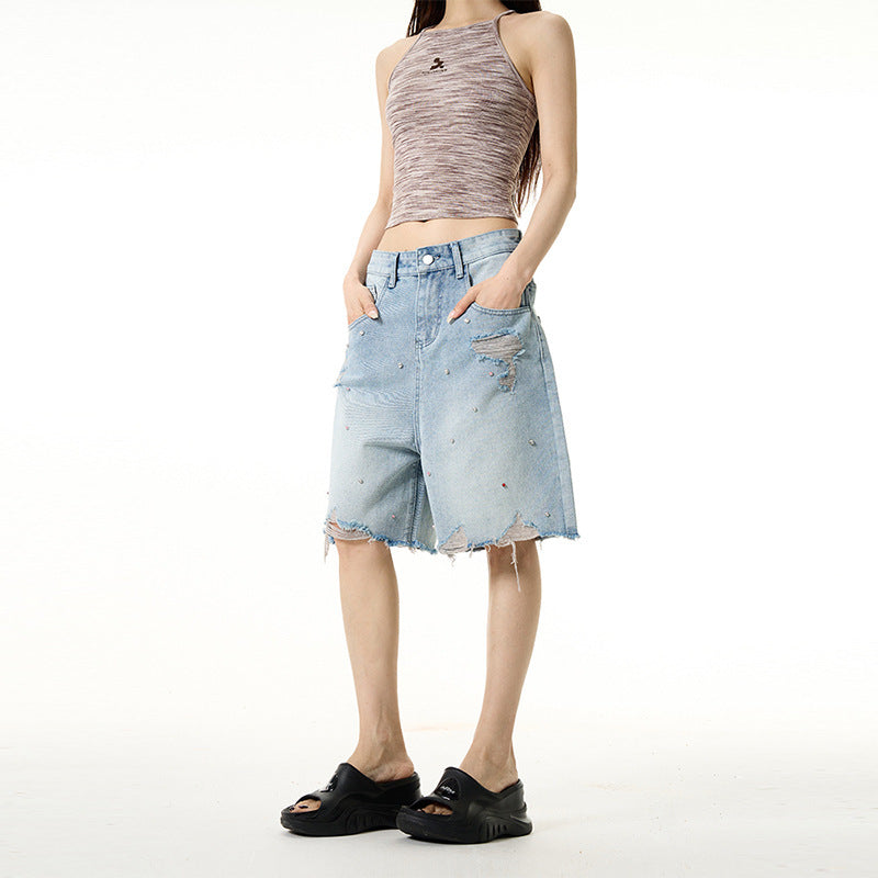 Ripped Retro Rhinestone Wide-leg Denim Shorts