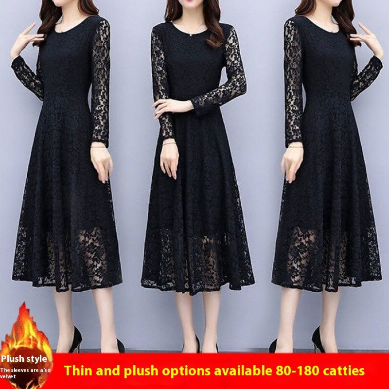 Long Sleeve Temperament Plus Size Long Velvet Lining Base A- Line Dress