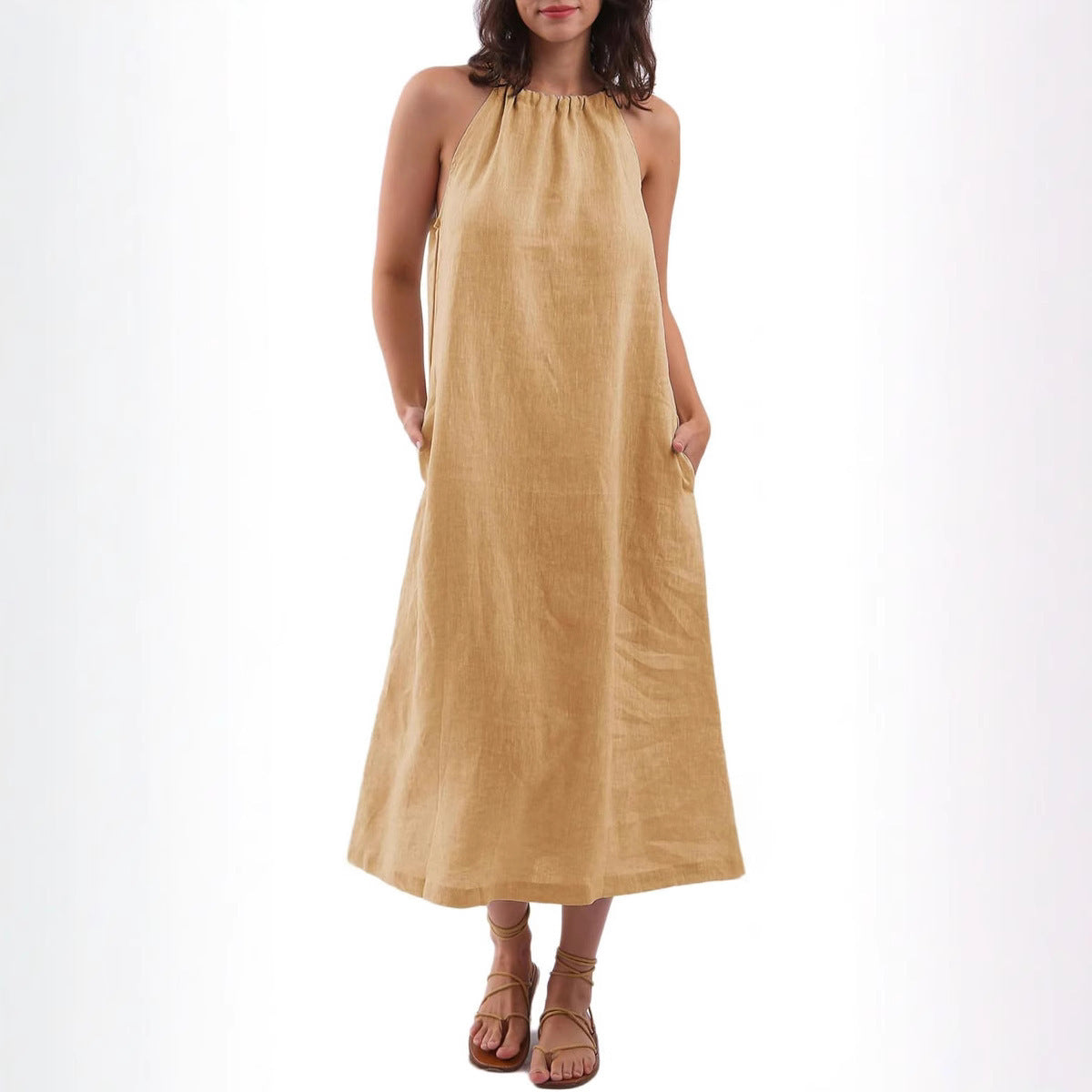 Fashion Solid Color Vest Cotton Linen Dress Women