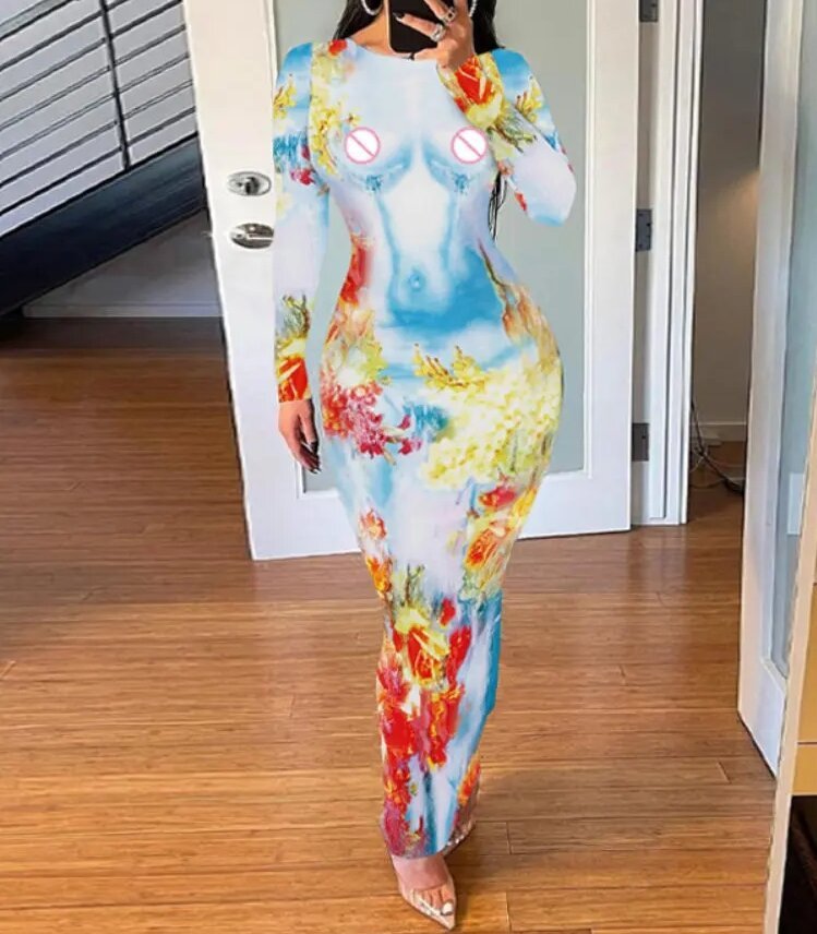 Fashion Women's Printed Wear Long Sleeve Narrow Dress