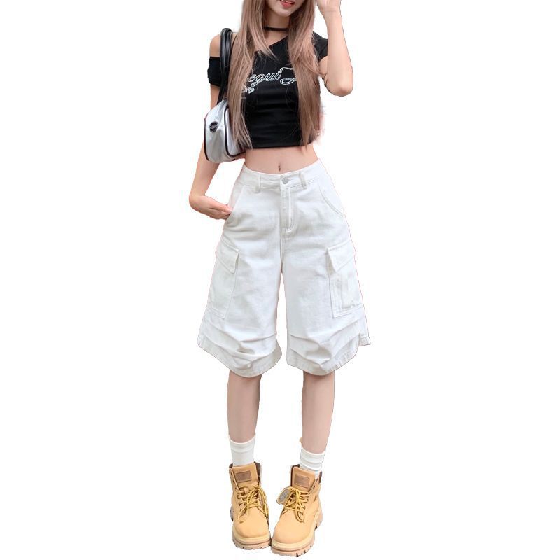 White Unifrom Five Points Wide-leg Denim Shorts